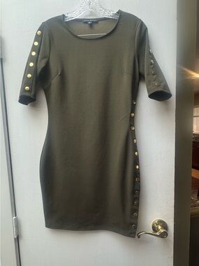 Haute Monde Olive Green Mini Dress with Gold Button Trim